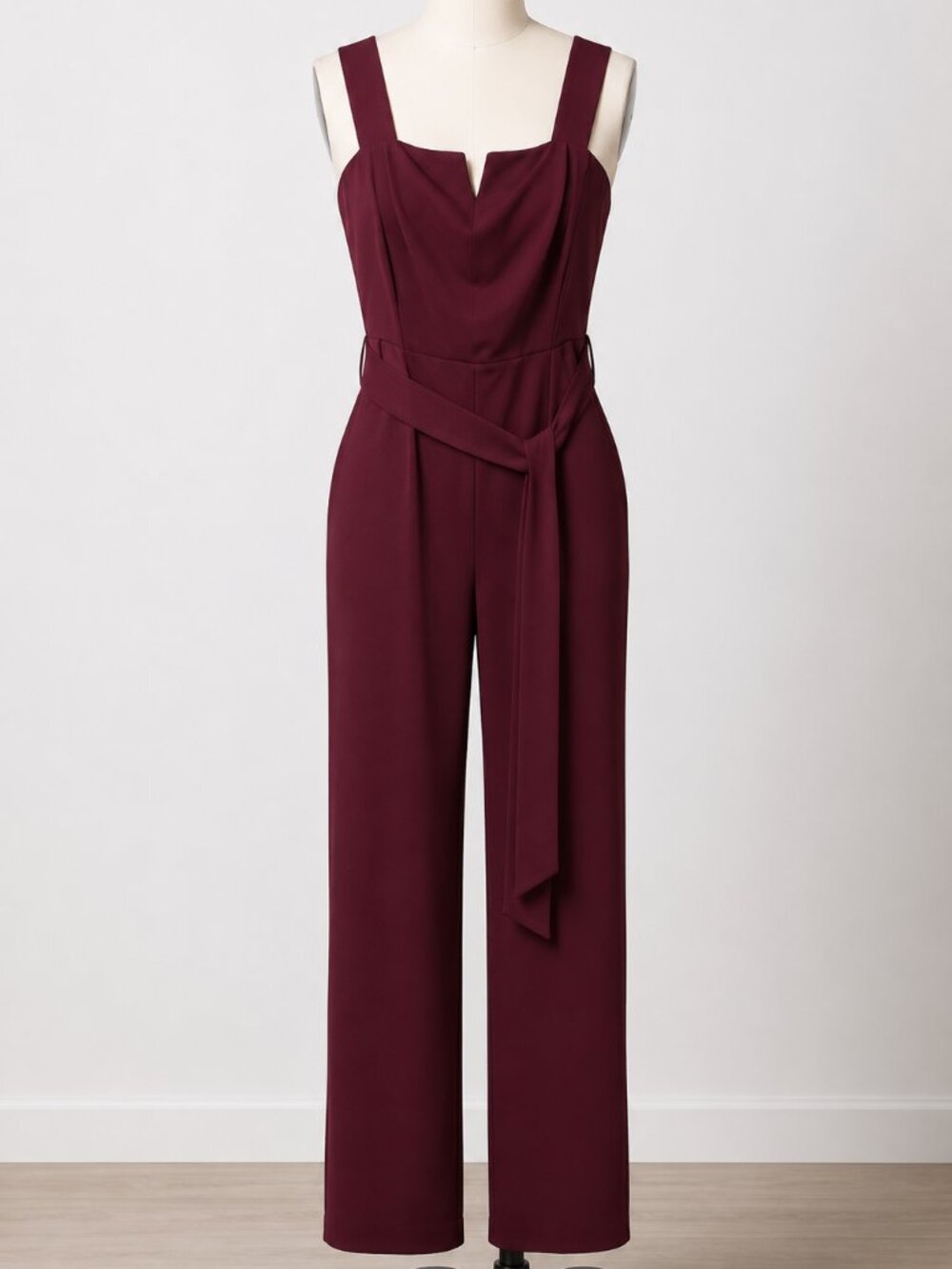 Elegant Burgundy Belted Wide-Leg Jumpsuit Size 12